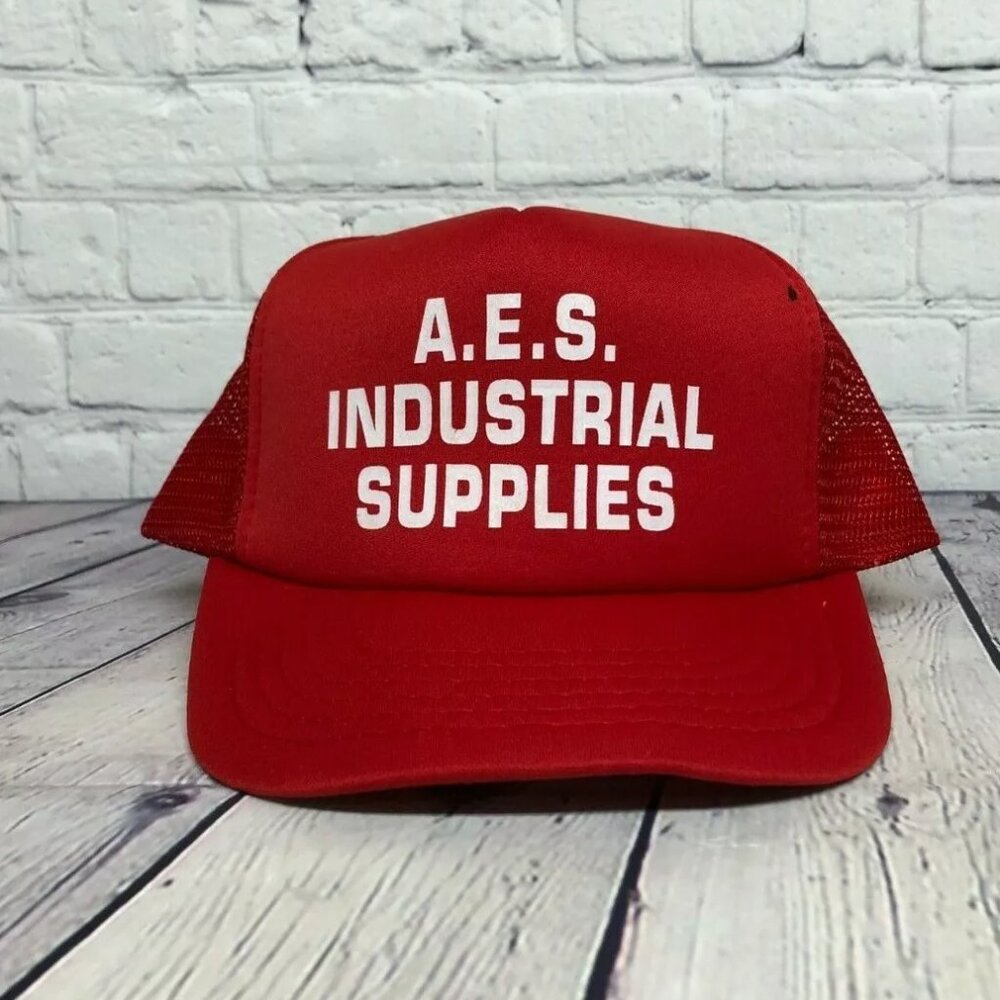 Vintage Trucker Hat Mesh A.E.S. Industrial Supplies Foam Cap Snapback Logo Red
